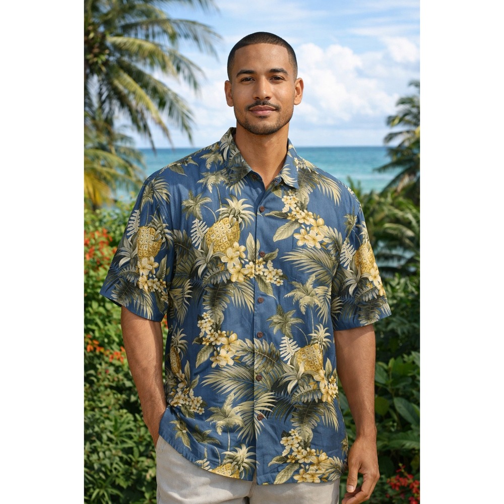 Jamaica Jaxx Silk Pineapple Floral Tropical Herringbone Camp Shirt Large